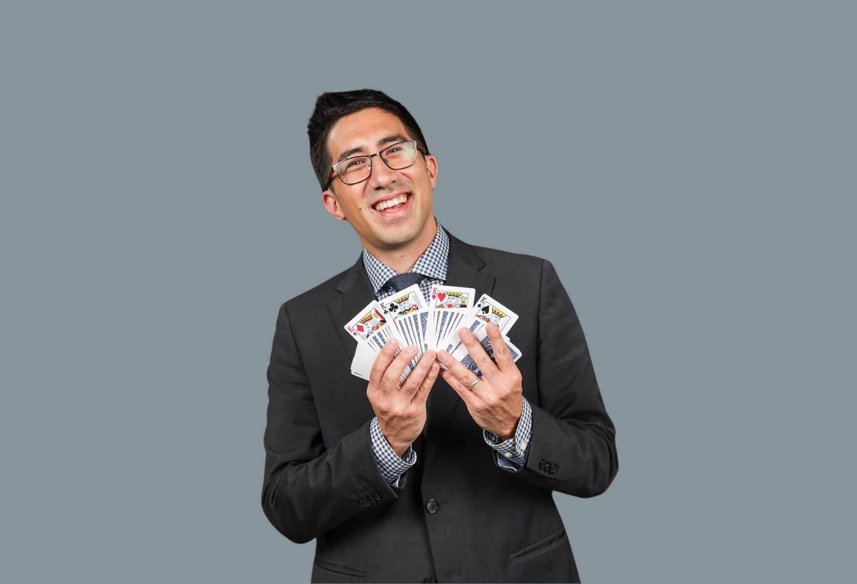 Close-up magician performing at corporate event